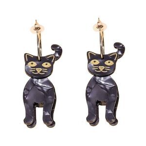 3D Black Cat Halloween Hoop Earrings, Big Gold Hoops Cat  - Black/Gold - 3.5"